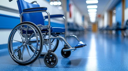 Foto op Aluminium Empty wheelchairs in hospital corridor, symbolizing healthcare crisis and overwhelmed facilities © Eva