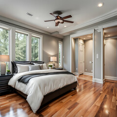 luxury comfortable bedroom with hardwood floors