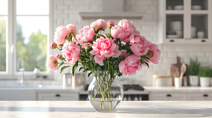 a bouquet of pink peonies in a transparent vase in the white kitchen	