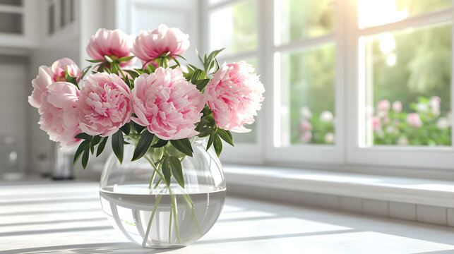 a bouquet of pink peonies in a transparent vase in the white kitchen	