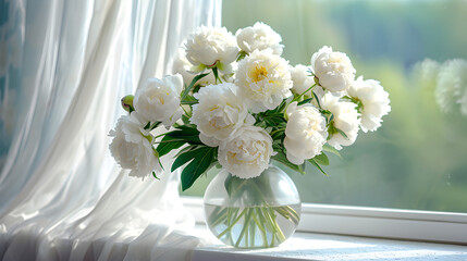 a bouquet of white peonies in a transparent vase on the windowsill