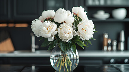 a bouquet of white peonies in a transparent vase in the black kitchen 