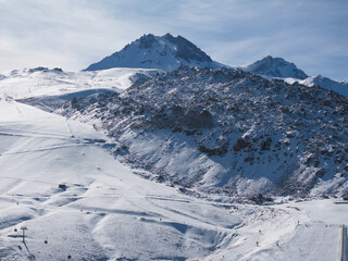 Fototapeta na wymiar Mount Erciyes Ski Resort Drone Photo in the Winter Season, Erciyes Mountain Hacilar, Kayseri Turkiye (Turkey)