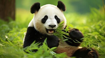 Cute panda bear happily munching on fresh bamboo in its natural habitat