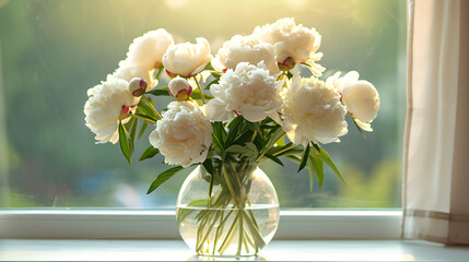 a bouquet of white peonies in a transparent vase on the windowsill