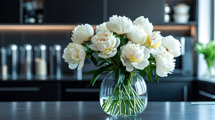 a bouquet of white peonies in a transparent vase in the black kitchen 