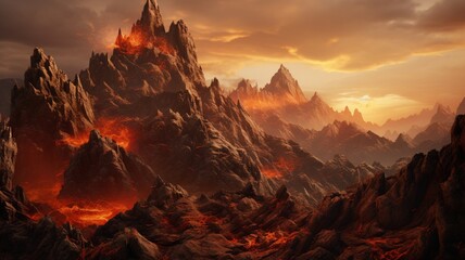 A rocky mountain ridge at sunset, with the sun creating a fiery sky and casting warm tones on the rugged surfaces -Generative Ai - obrazy, fototapety, plakaty