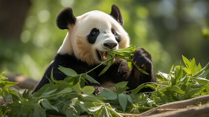 Adorable giant panda bear enjoying a meal of fresh bamboo in natural habitat