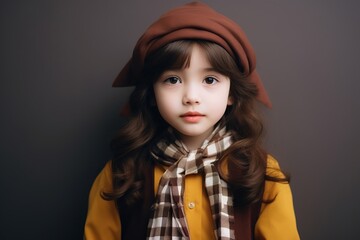 Portrait of a cute little girl in a yellow coat and beret