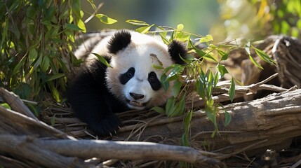 Adorable panda bear chewing on fresh green bamboo in natural habitat