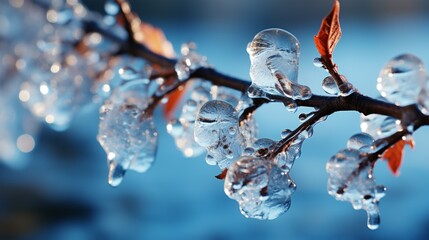 A tree branch covered with ice.  - obrazy, fototapety, plakaty