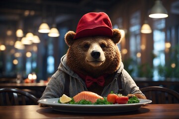 A bear in a red hat ordered salmon in a restaurant