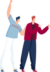 Two young men celebrating, one cheering with fist raised, the other giving thumbs up. Friends showing positive emotions, victory or success concept vector illustration.