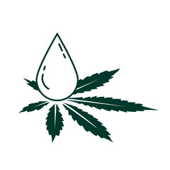 Cannabis leaf with drop. Hemp essential oil. Cannabis oil. Hand drawn vector illustration