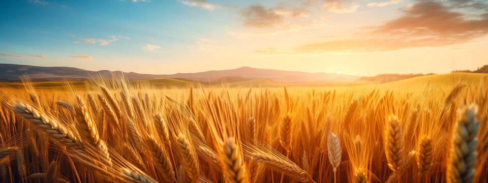 detail of ears of wheat in a wheat field with blurred background at sunset