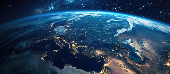 View of Earth from space, focusing on Middle East, Saudi Arabia, global skyline.