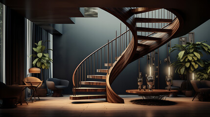 A spiral staircase with a unique helical design, combining wooden treads and metal railing. The staircase is bathed in natural light, creating a visually striking and dynamic architectural element in  - obrazy, fototapety, plakaty