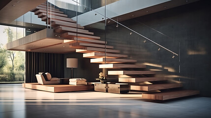 A striking cantilevered staircase featuring floating wooden steps and a glass balustrade. The...