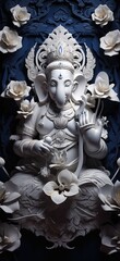 White Marble Statue of Hindu God Ganesha Sitting on Lotus Flower