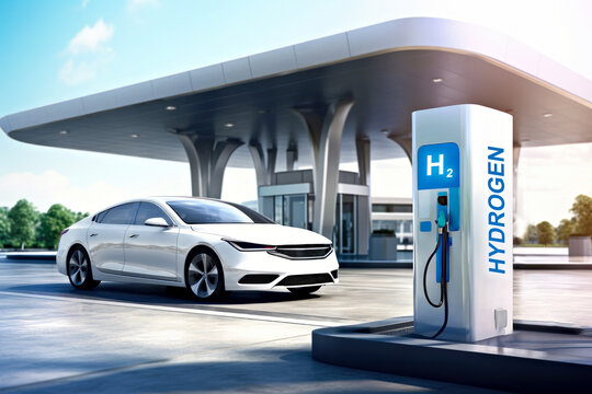 A Modern white car is parked in front of a hydrogen fuel gas station, under clear skies. Emission-free, eco-friendly transport