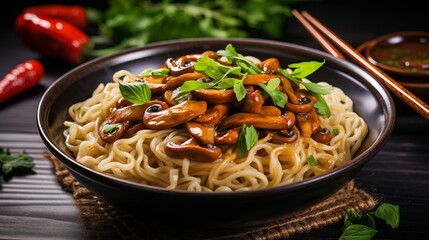 Delicious udon noodles with baby bok choy and shiitake mushrooms   asian vegetarian cuisine - obrazy, fototapety, plakaty