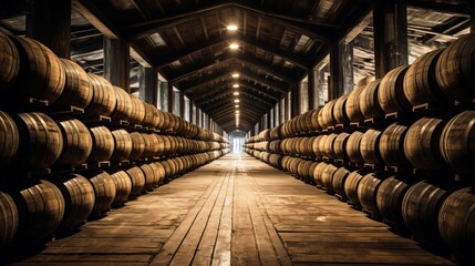 Whiskey, bourbon, and scotch barrels aging in a traditional distillery facility - obrazy, fototapety, plakaty