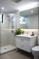 Modern bathroom interior with plants and white vanity