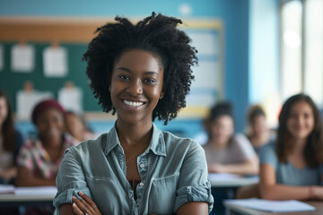 woman in front of a class smiling with her arms crossed - obrazy, fototapety, plakaty