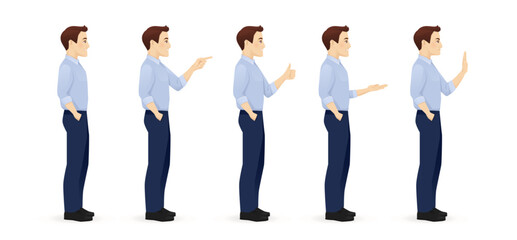 Young business man in blue shirt side view different gestures set isolated vector illustration - obrazy, fototapety, plakaty