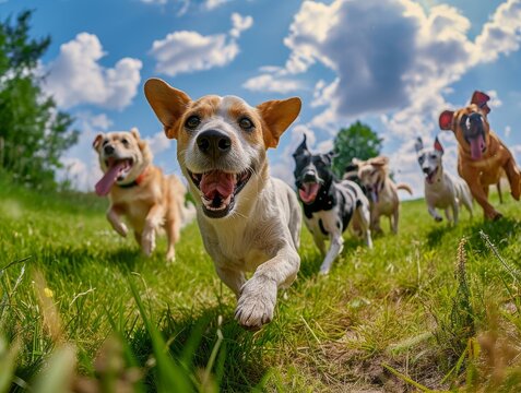 Dogs Dog Happy Playing Running at the Park Sunny Spring Day Wide Angle Action Movement Background Wallpaper Image