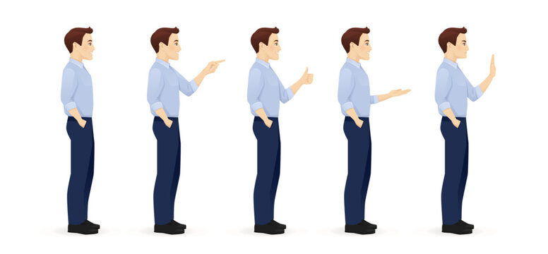 Young business man in blue shirt side view different gestures set isolated vector illustration