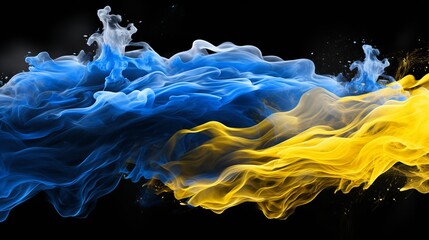 Yellow and blue smoke on black background with air humidifier steam, swirls, and ukrainian flag.