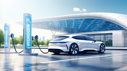 Eco-friendly hydrogen refueling station with a futuristic car. Emission free, zero emission, sustainable transport - obrazy, fototapety, plakaty