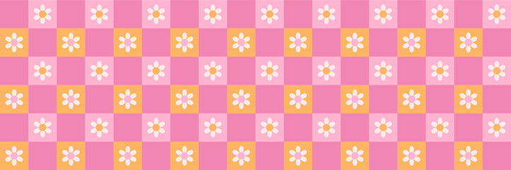 Retro checkerboard groovy seamless pattern with daisy flowers on a pink and orange checkered background. Cute colorful trendy vector illustration in style 70s, 80s