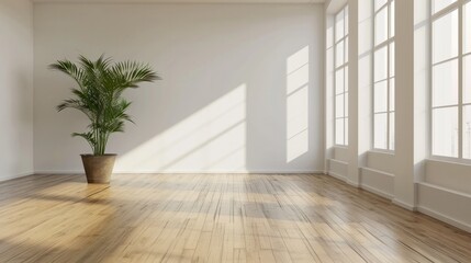 empty white room with a wooden floor and a potted plant generative ai