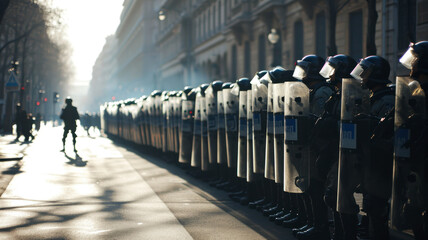 Anti-riot police team with plastic shields