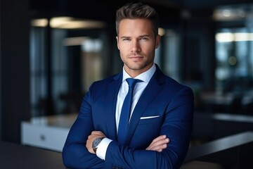 Fototapeta premium Handsome executive man dressed in trendy blue suit
