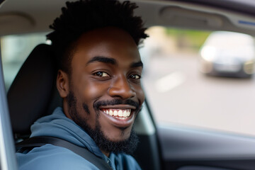 man is smiling in his car