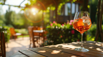 Red citrus cocktail on restaurant table, afternoon