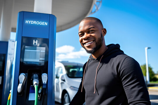 African-American man happily refueling his car at a hydrogen gas station, with other vehicles visible in the clear blue sky and sunny background. Emission free, zero emission, sustainable transport