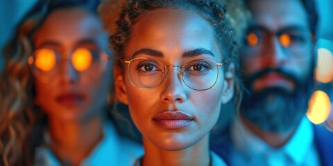 A serious, glamorous portrait of a young woman with stylish glasses, showcasing beauty under neon lights.