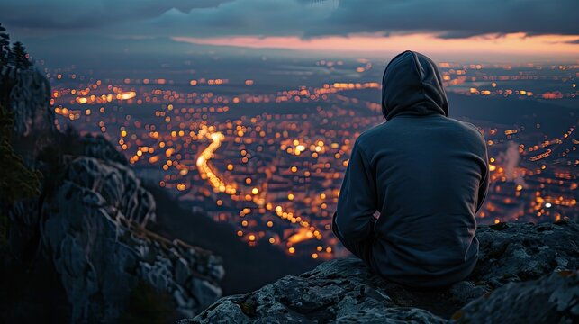 A man, dressed in a hooded sweatshirt, stands atop a mountain, observed from the rear, with a nighttime cityscape in the background
