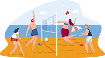 Four people playing beach volleyball on sand by the sea. Players in casual summer wear enjoy a sunny day game. Summer sports and beach activity. Friendship and teamwork vector illustration.