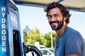 Joyful Caucasian man with beard using a hydrogen pump to fuel his car at an eco-friendly station, with trees and a clear sky visible in the background. Zero emission, free, sustainable transport