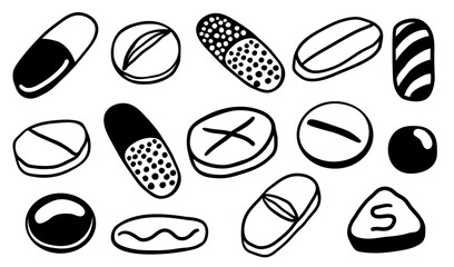 set of tablet capsule pill in lines vector. template for logo sticker icon design. illustration on a medical theme