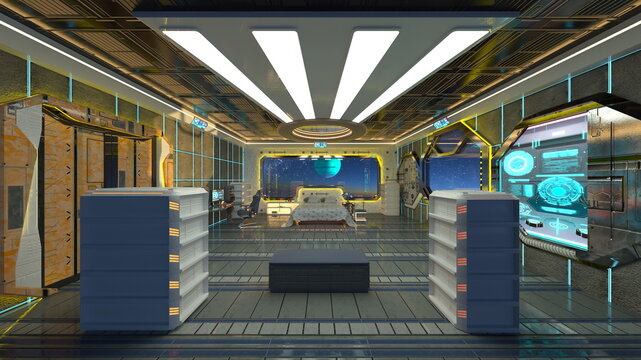 宇宙船内のベッドルーム　3DCG レンダリング