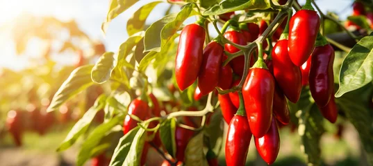 Fototapeten Vibrant and bountiful chili pepper harvest growing on an open plantation under the warm summer sun. © Eva