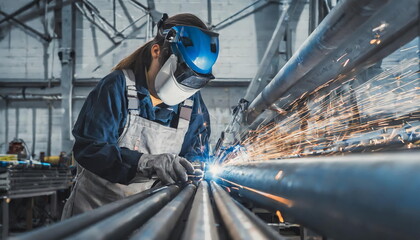 Female welder on her working place, welding tube with sparks - Powered by Adobe