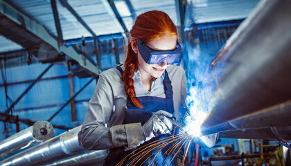 Female welder on her working place, welding tube with sparks