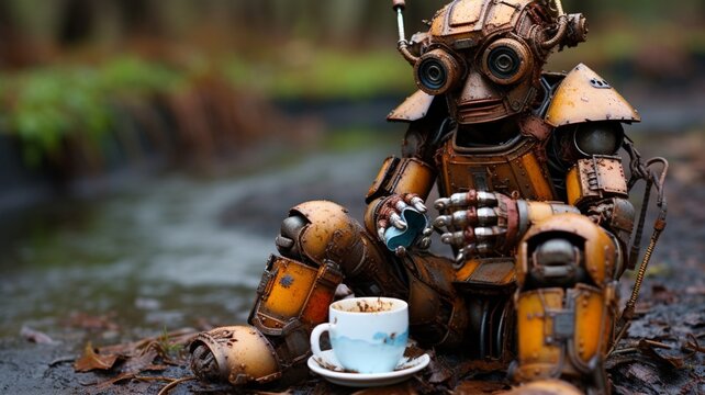 A rust-covered automaton, seated on a toppled barrel, witnessing the decay of its mechanical world, a poignant image of technological obsolescence  -Generative Ai
